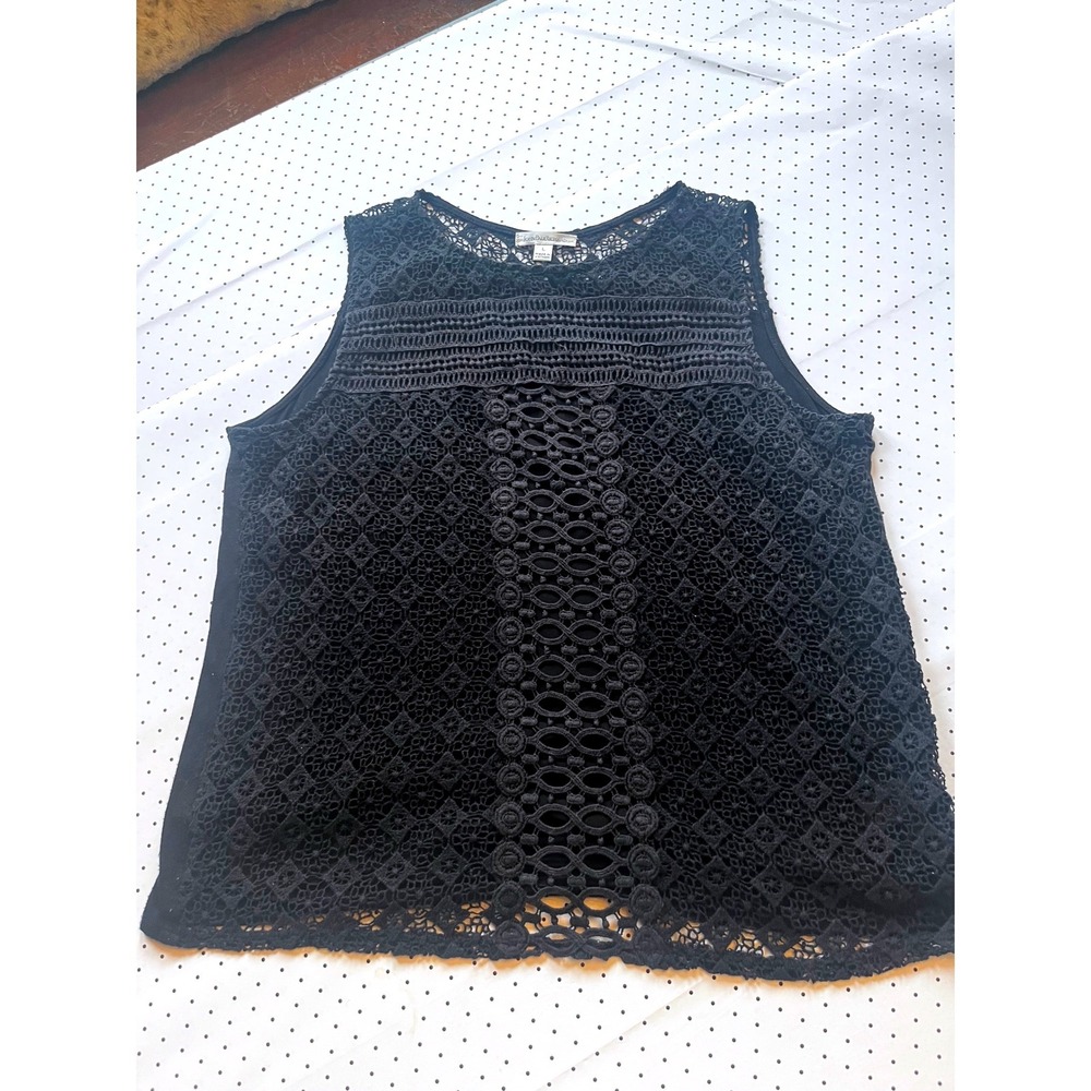 Crochet Lace Sleeveless Top Black Geometric Openwork Boho Tank L